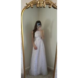 Vintage Y2K Morgan & Co White Pink Rose Floral Appliqué Glitter Lace Dress